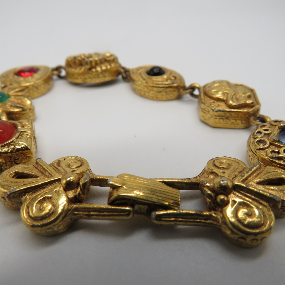 Vintage Gold Tone Multi Color Bead Charm Link Bracelet 7 Inch Ornate Boho - Picture 4 of 11